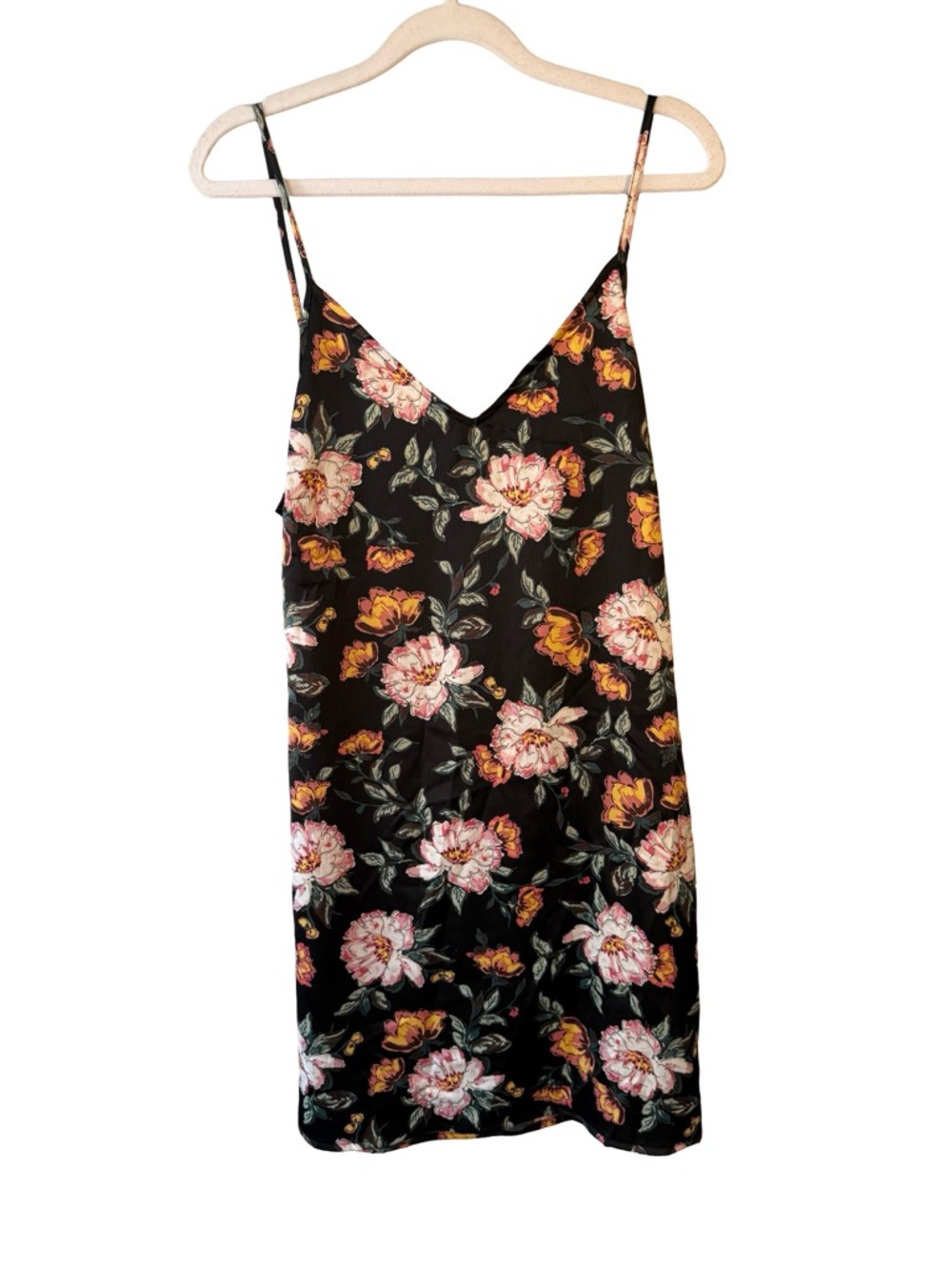 Ambiance Black Floral Slip Dress with Pink & Mustard Accents Size M Boho